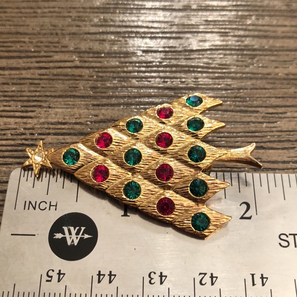 Vtg. LIA Red Green Rhinestone Christmas Tree Pin - Picture 9 of 12